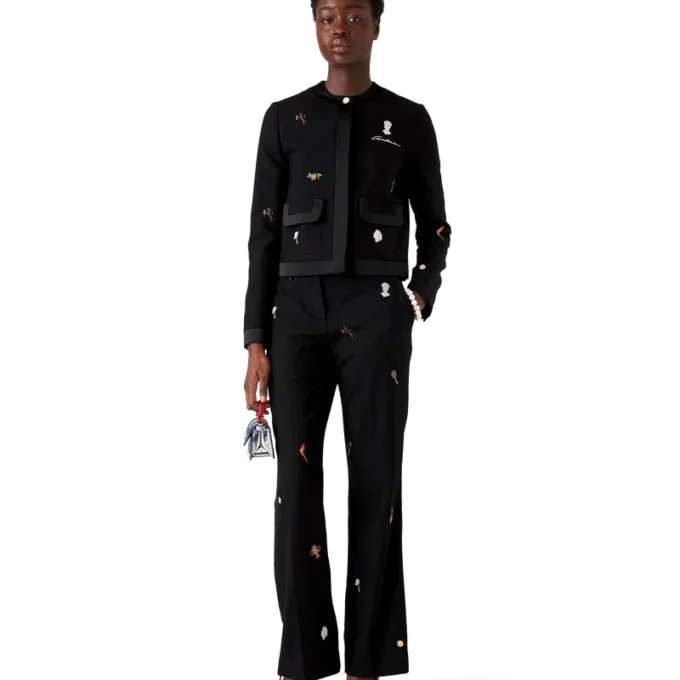 Calças de Lã à Medida com Motivo Bordado