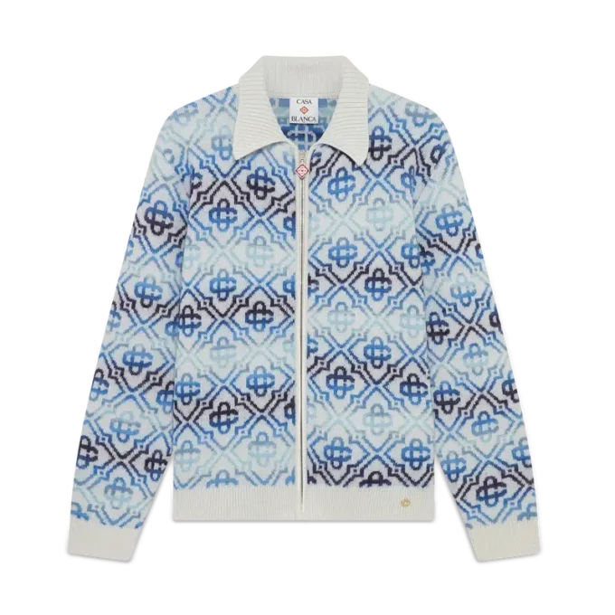 Casaco de malha de lã merino de manga comprida com monograma em tonalidades variadas Casaco de malha de lã merino de manga comprida com monograma em tonalidades variadas