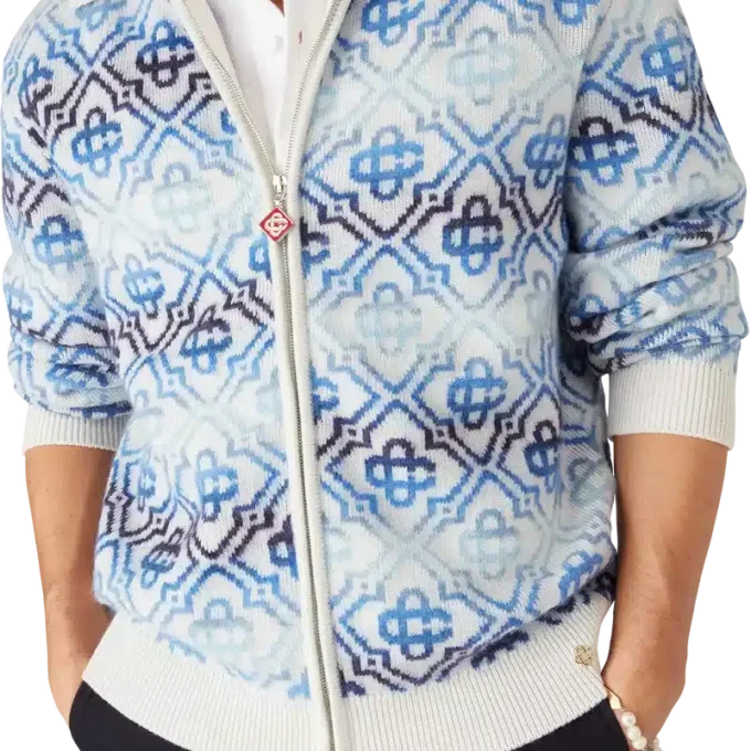 Casaco de malha de lã merino de manga comprida com monograma em tonalidades variadas Casaco de malha de lã merino de manga comprida com monograma em tonalidades variadas
