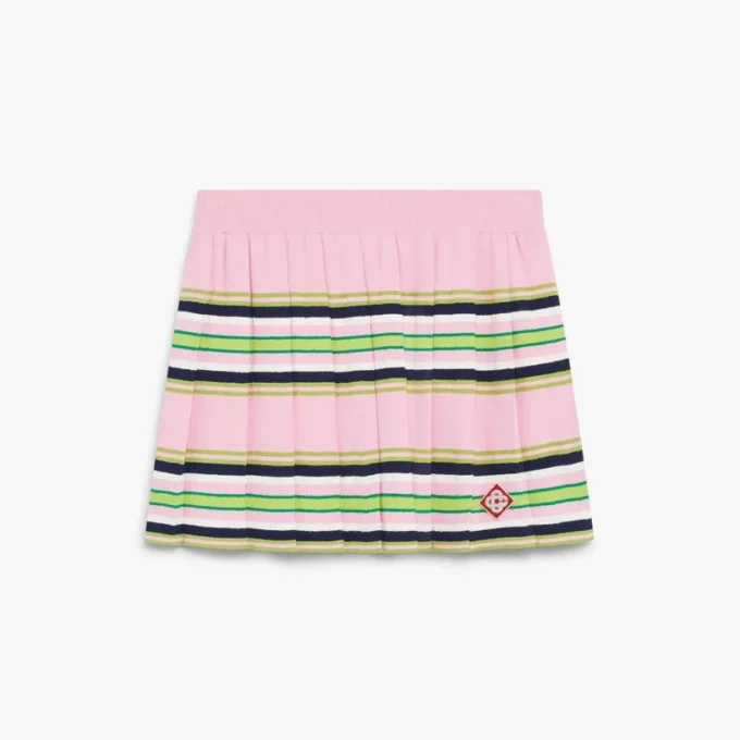 Mini-saia plissada às riscas rosa e verde