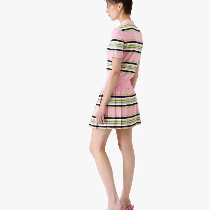 Mini-saia plissada às riscas rosa e verde