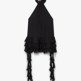 Mini-vestido preto em georgette com folhos duplos