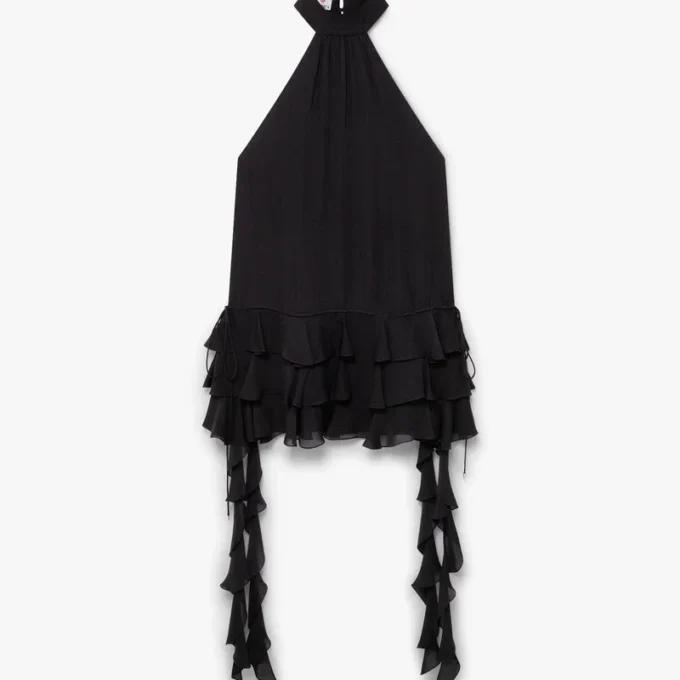 Mini-vestido preto em georgette com folhos duplos Mini-vestido preto em georgette com folhos duplos