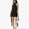 Mini-vestido preto em georgette com folhos duplos Mini-vestido preto em georgette com folhos duplos