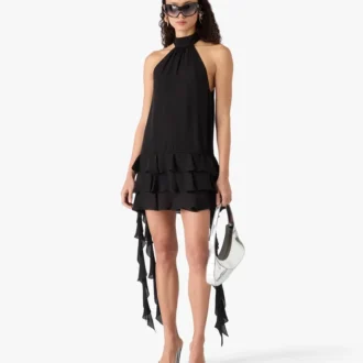 Mini-vestido preto em georgette com folhos duplos