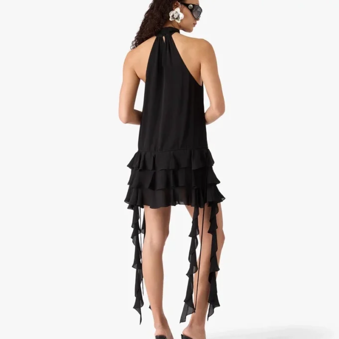 Mini-vestido preto em georgette com folhos duplos Mini-vestido preto em georgette com folhos duplos