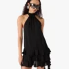 Mini-vestido preto em georgette com folhos duplos Mini-vestido preto em georgette com folhos duplos