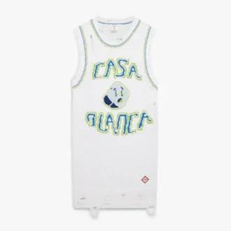 Mini-vestido sem mangas branco tricotado à mão Mini-vestido sem mangas branco tricotado à mão