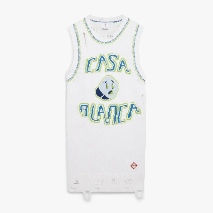 Mini-vestido sem mangas branco tricotado à mão