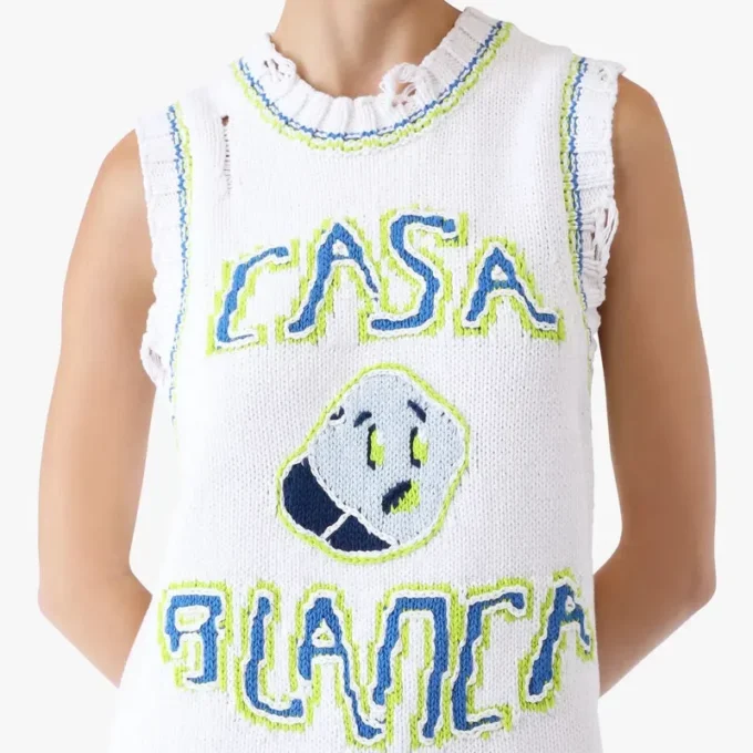 Mini-vestido sem mangas branco tricotado à mão