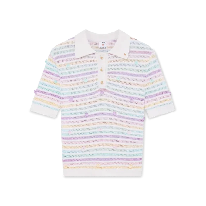 Polo de croché em algodão com riscas florais