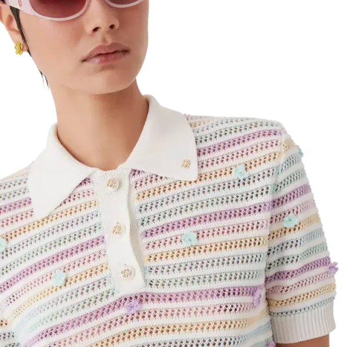 Polo de croché em algodão com riscas florais