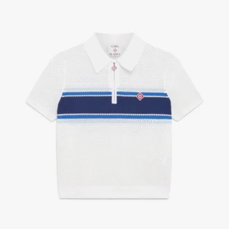 Top de malha com riscas brancas e azuis