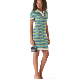 Vestido Midi de Manga Curta às Riscas